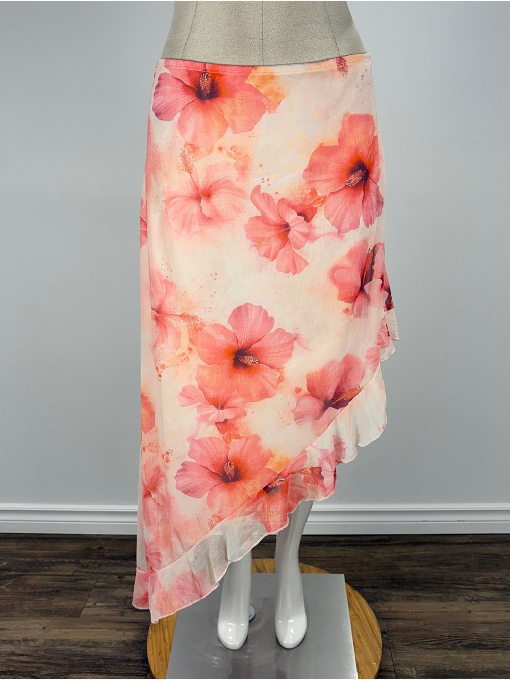 See You Monday Y2K Pink Hibiscus Floral Mesh Asymmetrical Midi Skirt XL